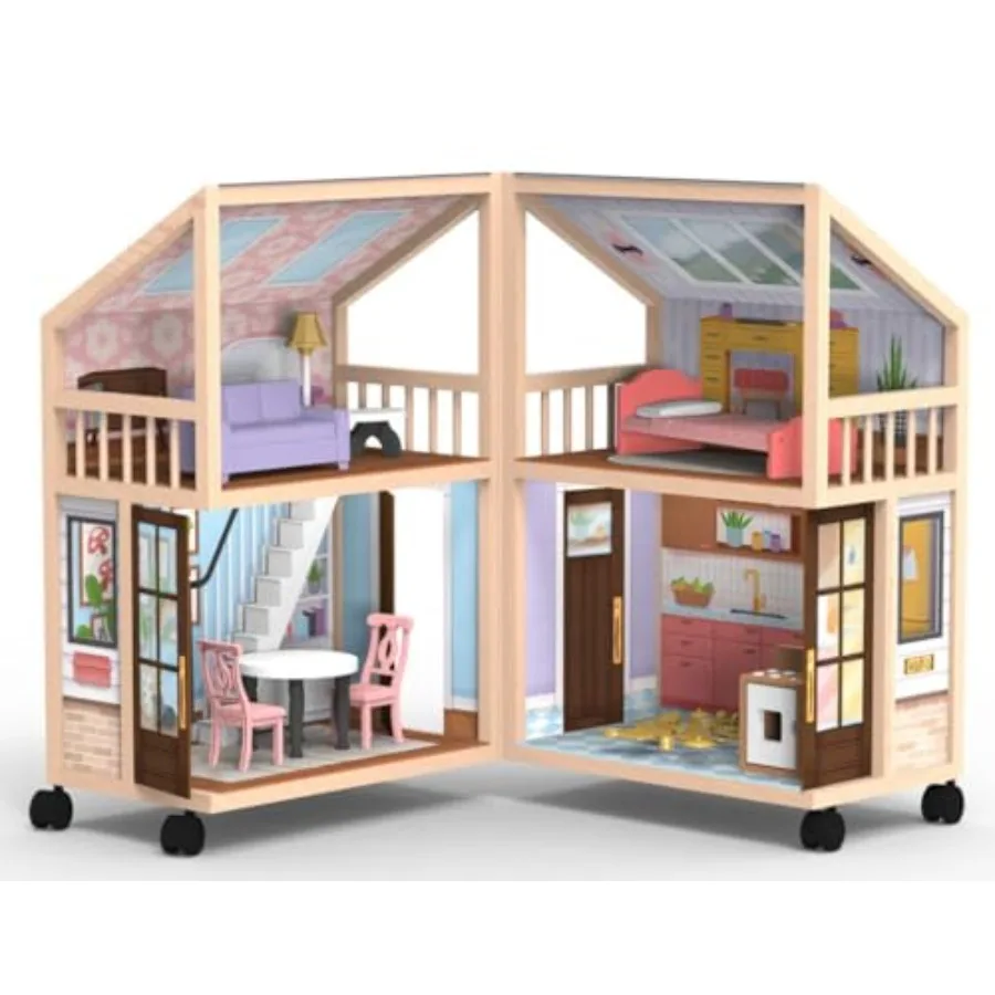 

So Darling Wooden Dollhouse on Wheels Open Close with 29 Accessories