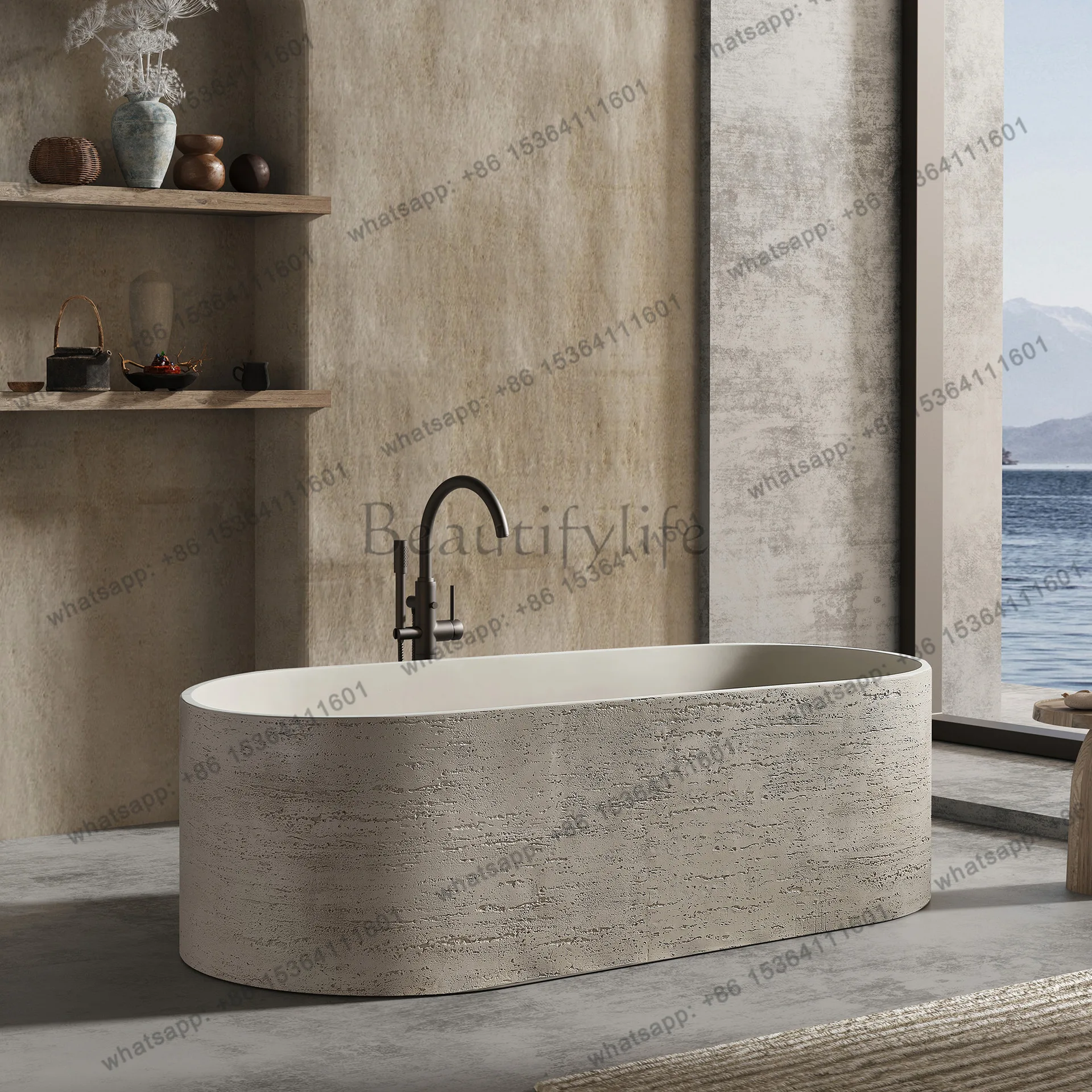 French natural travertine granular integrated bathtub Artificial stone Detached bed and breakfast Outdoor bathtub