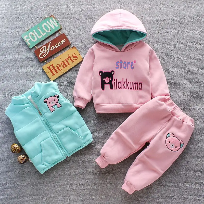 Autumn Winter Baby Boys Clothes Sets Thick Fleece Cartoon Bear Jacket Vest Pants 3Pcs Cotton Sport Suit For Girls Warm Outfits