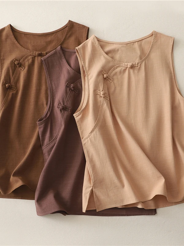 Retro Chinese Sle Svel round Ne Vest Large Size Women's Outerwear with Side Slits And Button Detail Simple Pure Color