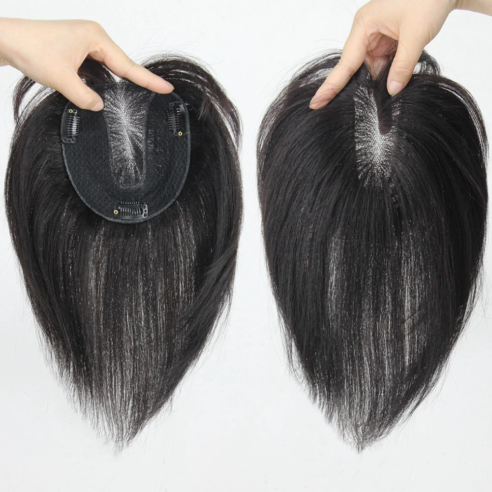 Human Hair Toppers for Women Wigs 12 Inch Real Human Hair Clip in Hair Pieces Silk Base with Free Parting Human Hair Wigs