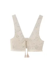 Y2K Embroidery Women Waistcoats Summer Lightweight V Neck Sleeveless Tassels Hem Slim Vest Female Crop Top