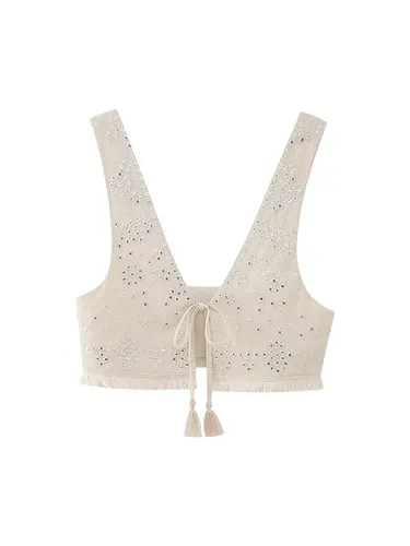 Chalecos bordados Y2K para mujer, chaleco ajustado ligero con cuello en V sin mangas y dobladillo con borlas, Top corto para mujer
