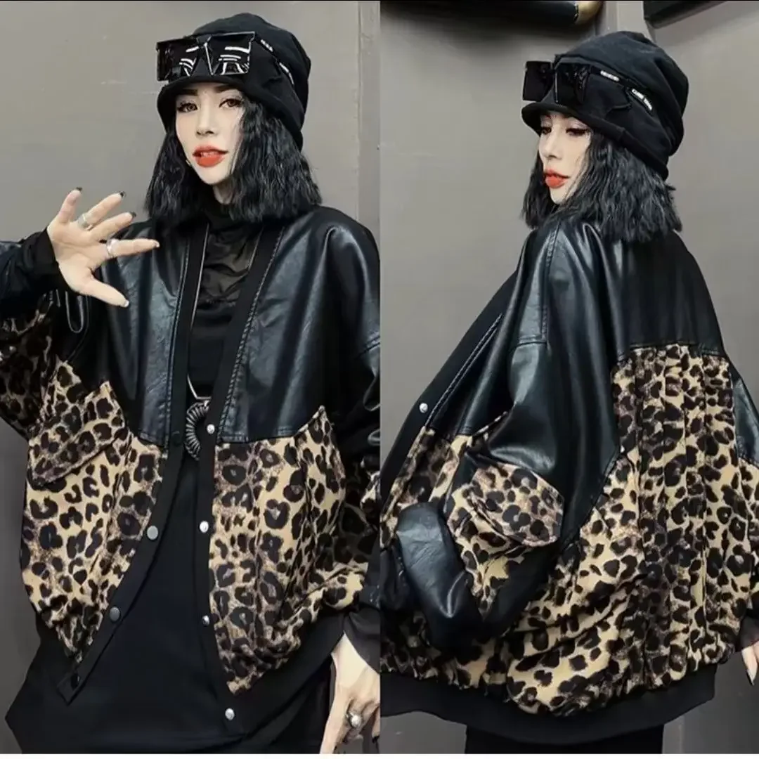 2024 Autumn and Winter New Leopard-print Patchwork Leather Coat Thickened Cardigan Female Long-sleeved Top Jacket