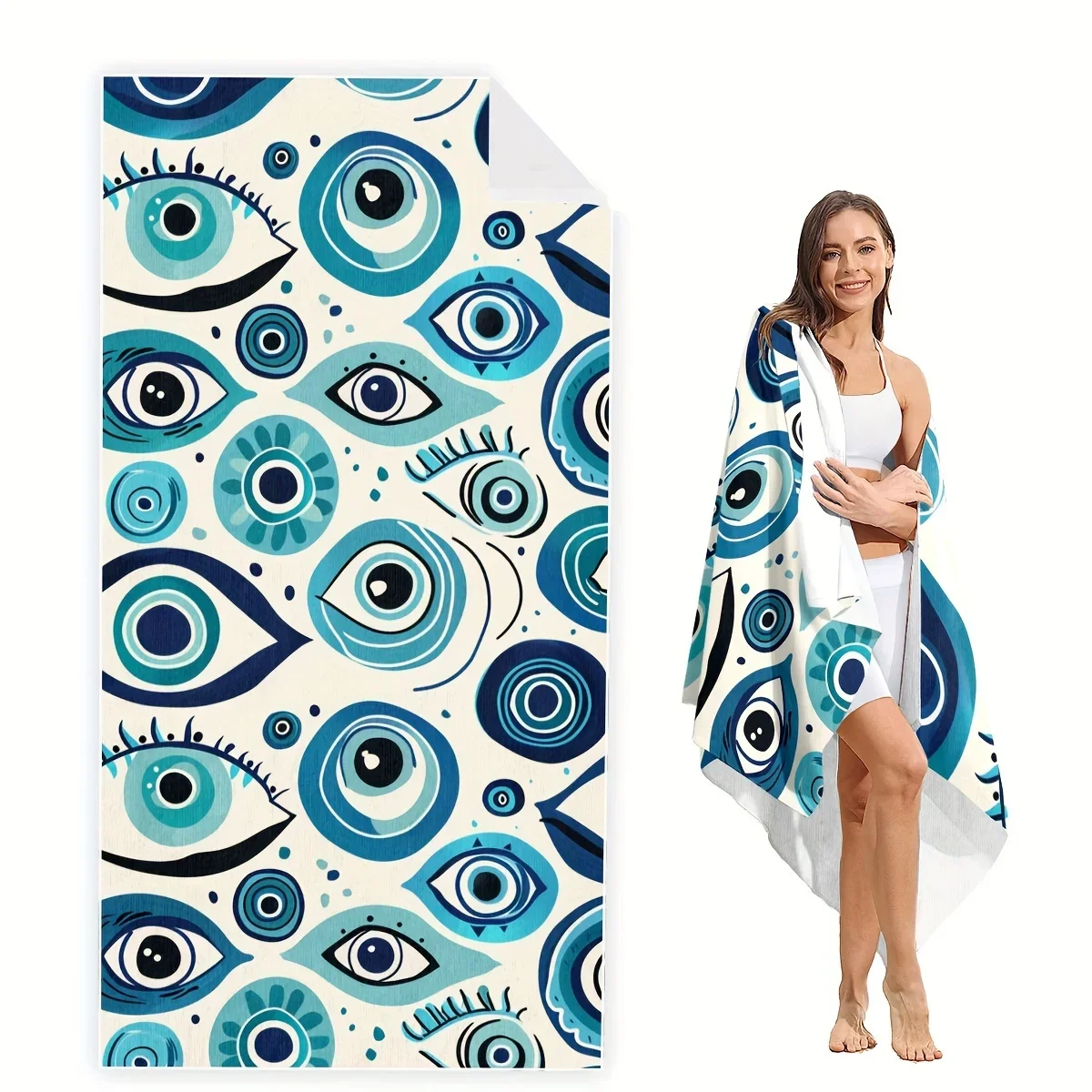 Quick-Dry Microfiber Beach Towel Geometric Eye Design Lightweight & Sand-Proof For Outdoor Travel Swimming Pool Gym Yoga