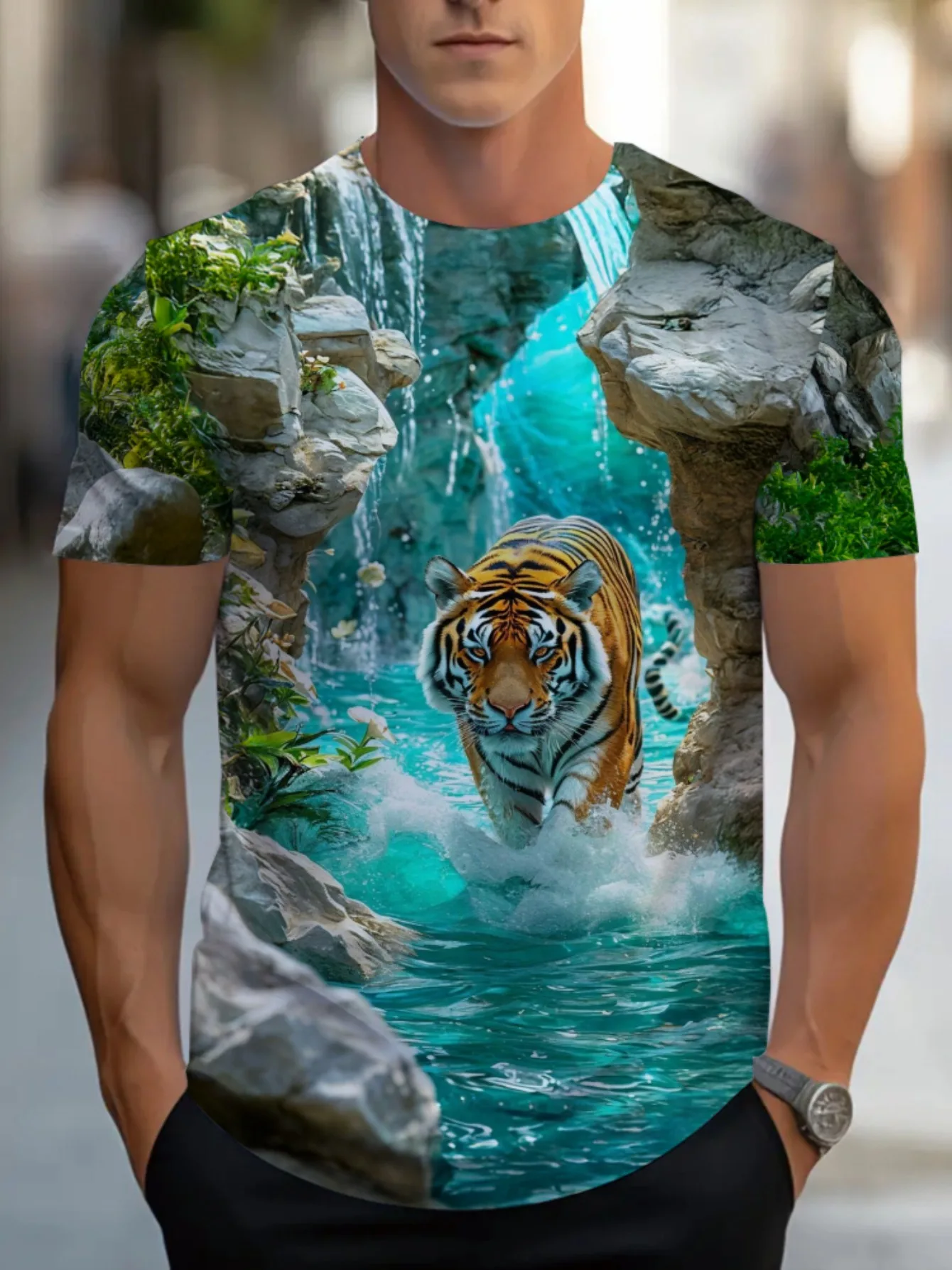 Men's 3D Tiger Waterfall Rock Jungle Print T-Shirt Crew Neck Short Sleeve Nature Animal Casual Graphic Tee Tops