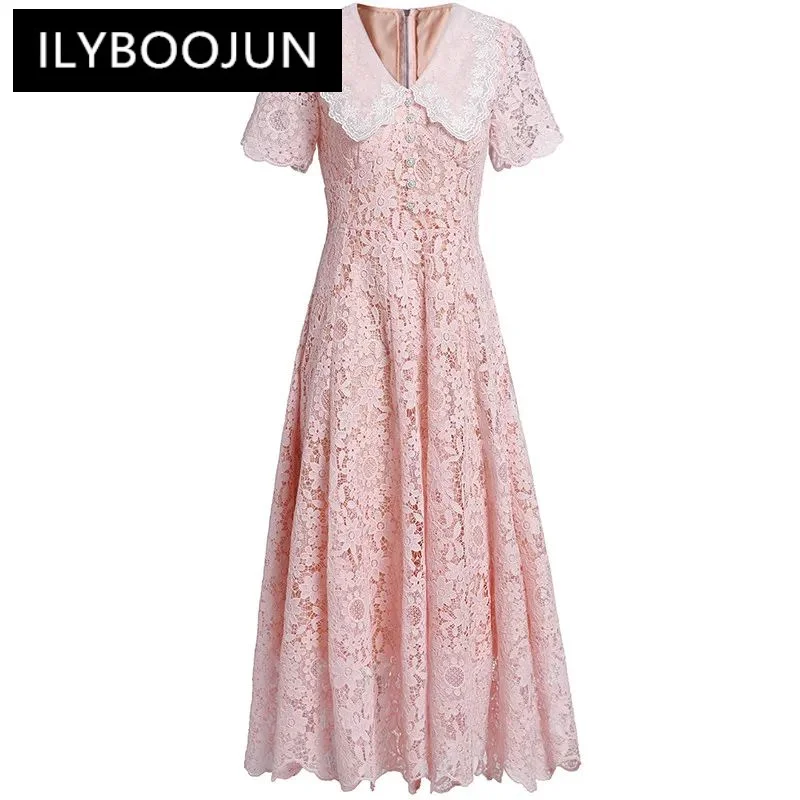 

ILYBOOJUN Fashion Women's 2024 Spring Doll Neck Short-Sleeved Hook Flower Hollow Sashes High-Waisted Slim-Fit Ball Gown Dress