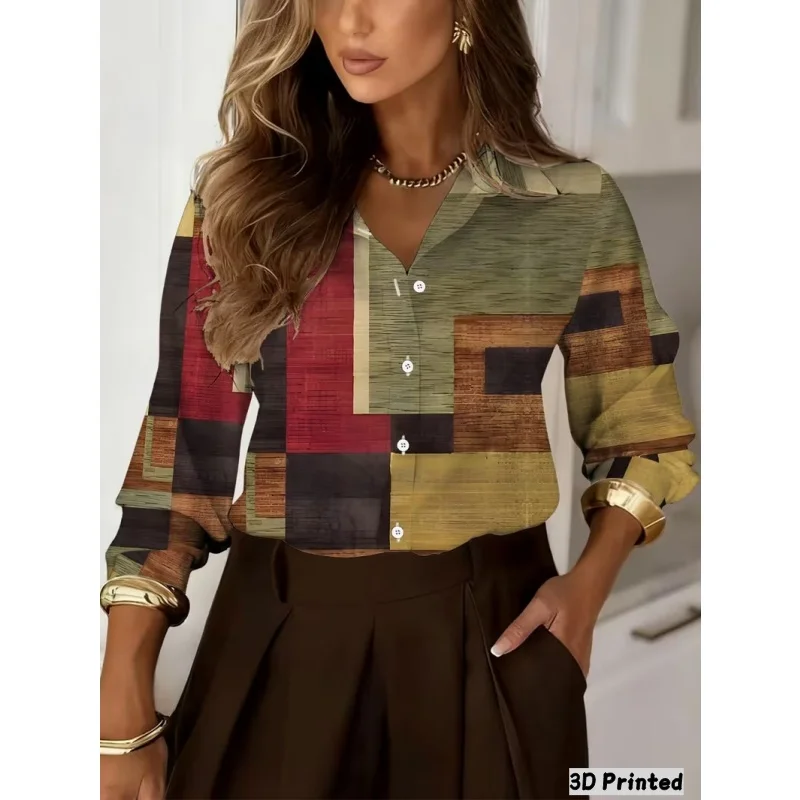 Women's 3D Retro Plaid Striped Gradient Print Shirt Autumn New Long Sleeve Notch Lapel Button-Up Casual Blouse Top