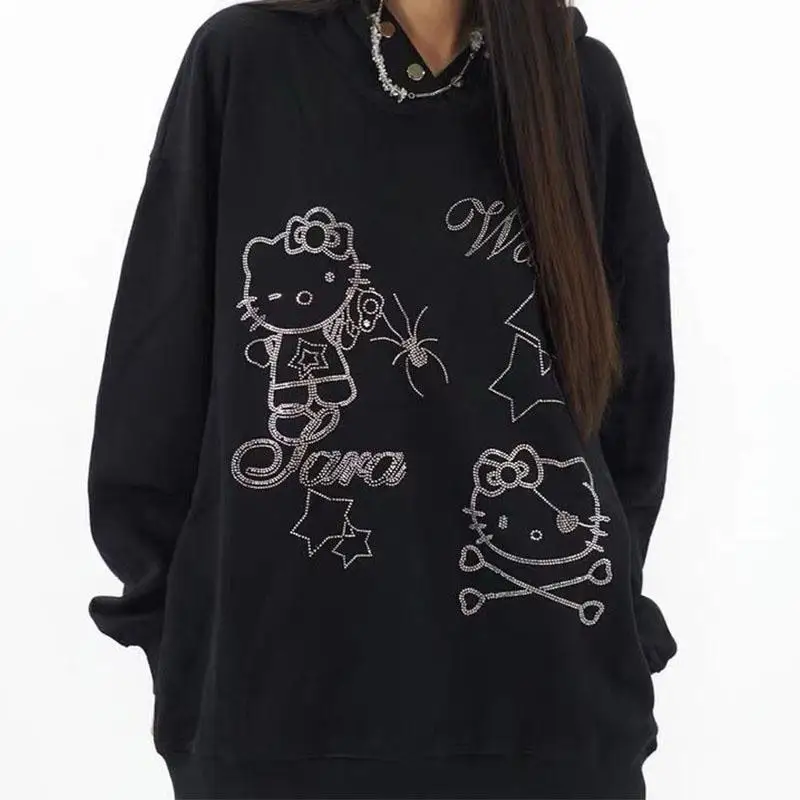 Sanrios American Retro Hello Kittys Hooded Sweatshirts Women Y2K Rhinestones Fashion Long Sleeve Hoodies Casual Female Pullovers