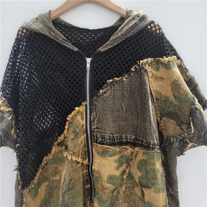 2025 été nouveau Design personnalisé Camouflage Denim épissage maille à capuche Cardigan à manches courtes veste femmes tendance hauts