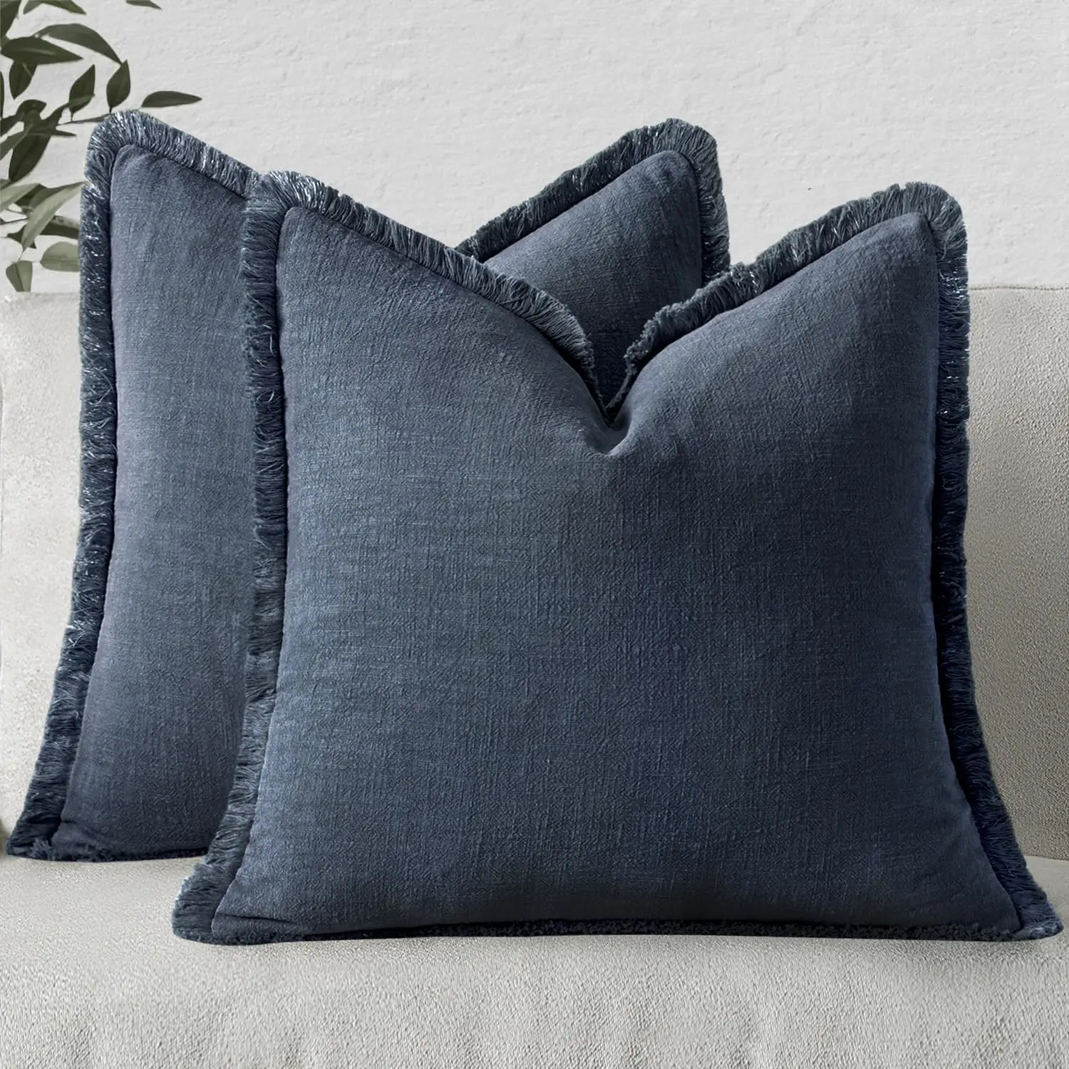 Blaue Leinen-Kissenbezüge mit Fransen, Boho-Farmhouse-Akzent, dekorativer Kissenbezug mit Quasten für Couch, Sofa, Bett, Heimdekoration