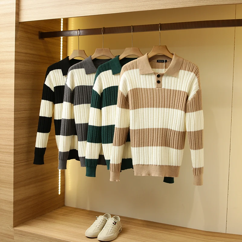 

Модная городская мужская трикотажная рубашка с длинным рукавом, в полоску, повседневная, с отложным воротником, осенняя одежда для молодых мужчин