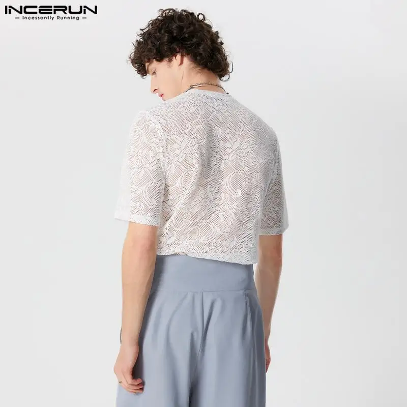 INCERUN Men T Shirt Lace Transparent O-neck Sexy Short Sleeve Summer Camisetas Streetwear 2024 Fashion Casual Men Tee Tops S-5XL