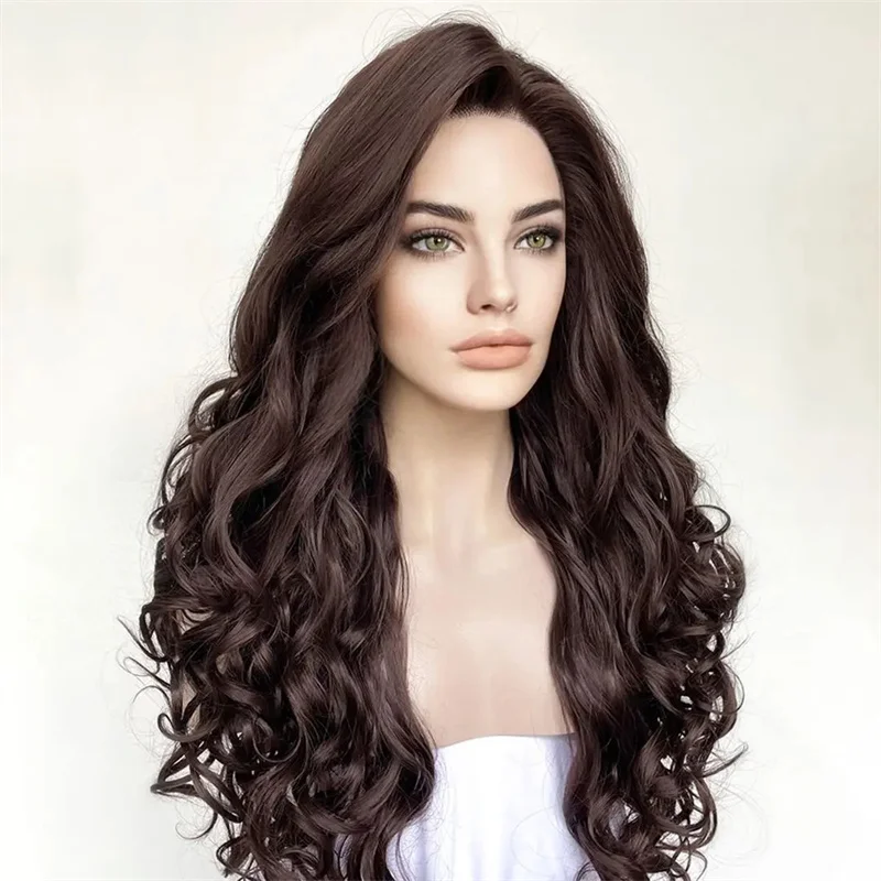 

Long 26Inch Glueless 200Density Natural Brown Wave Lace 5x5 Silk Base Human Hair Wig For Women BabyHair Preplucked