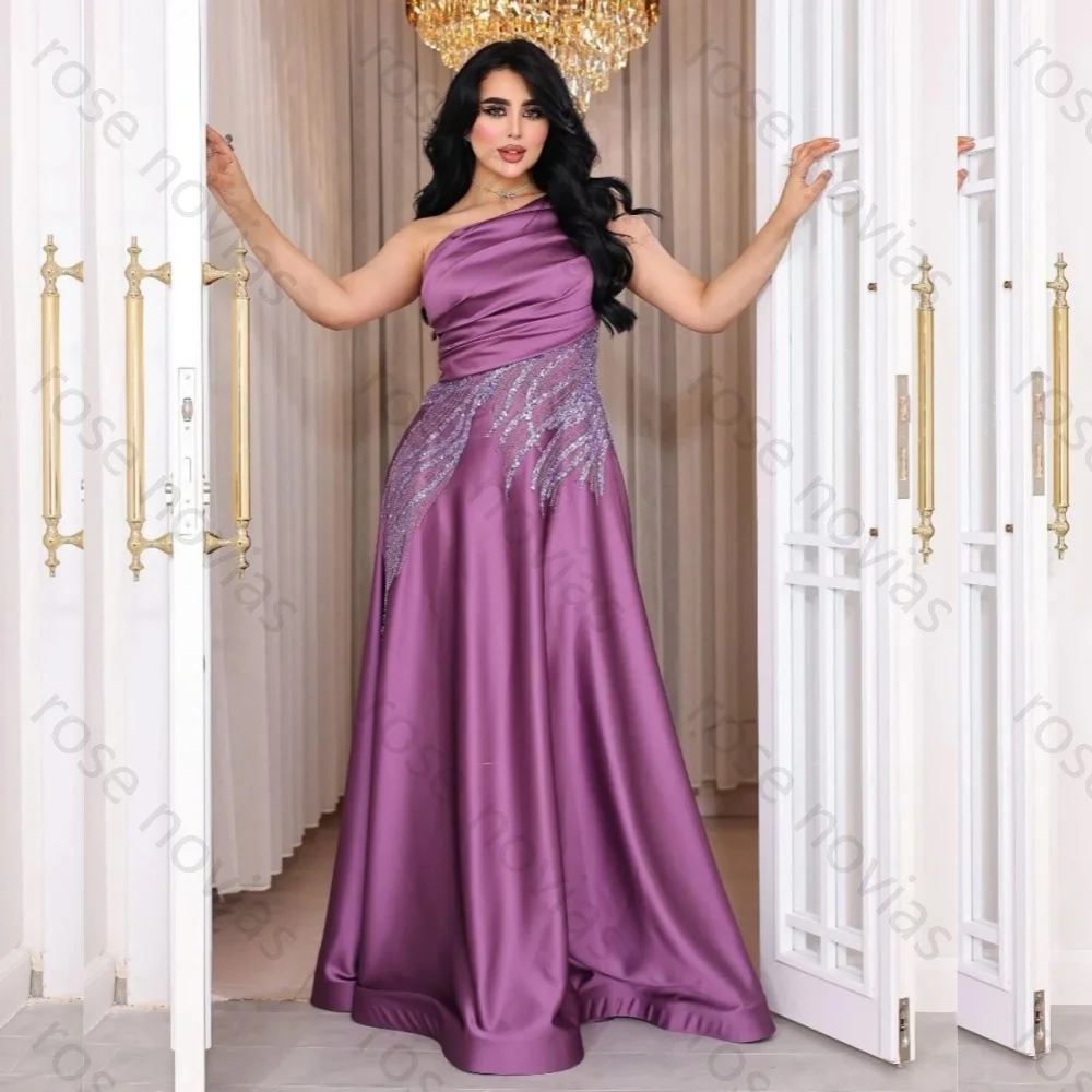 

High Quality Customized Charmeuse Pleat Sequined One-shoulder A-line Long Dresses Occasion Evening Woman Elegant Party Sparkle