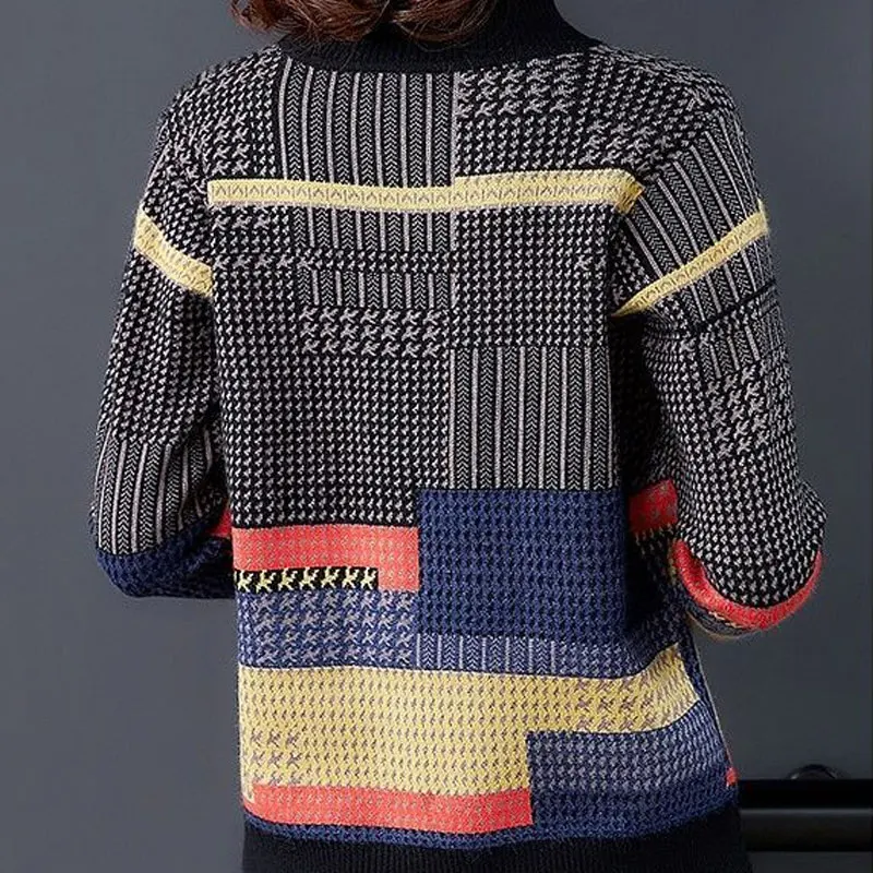 Vintage Patchwork Knitted Sweaters Autumn Winter Casual Half High Collar Women\'s Clothing Fashion Jacquard Weave Loose Jumpers