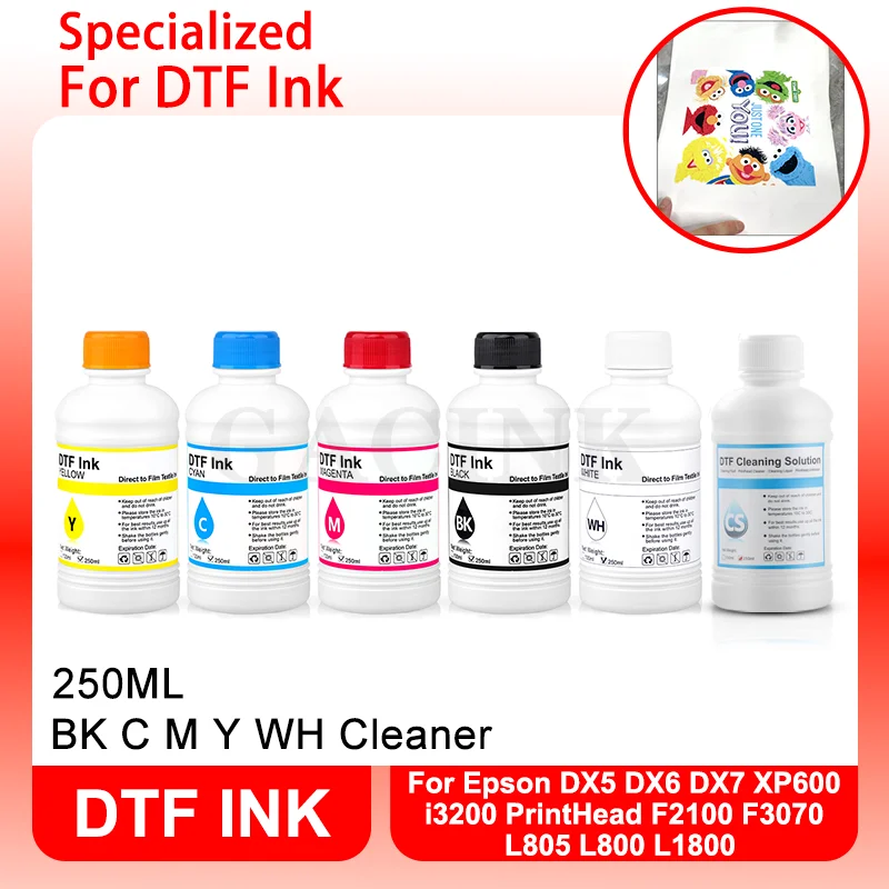 250Ml Dtf Inkt Overdracht Film Textiel Inkt Voor Epson DX5 DX6 DX7 XP600 I3200 F2100 F3070 L805 L800 L1800 kledingstuk Inkt 5 Kleuren