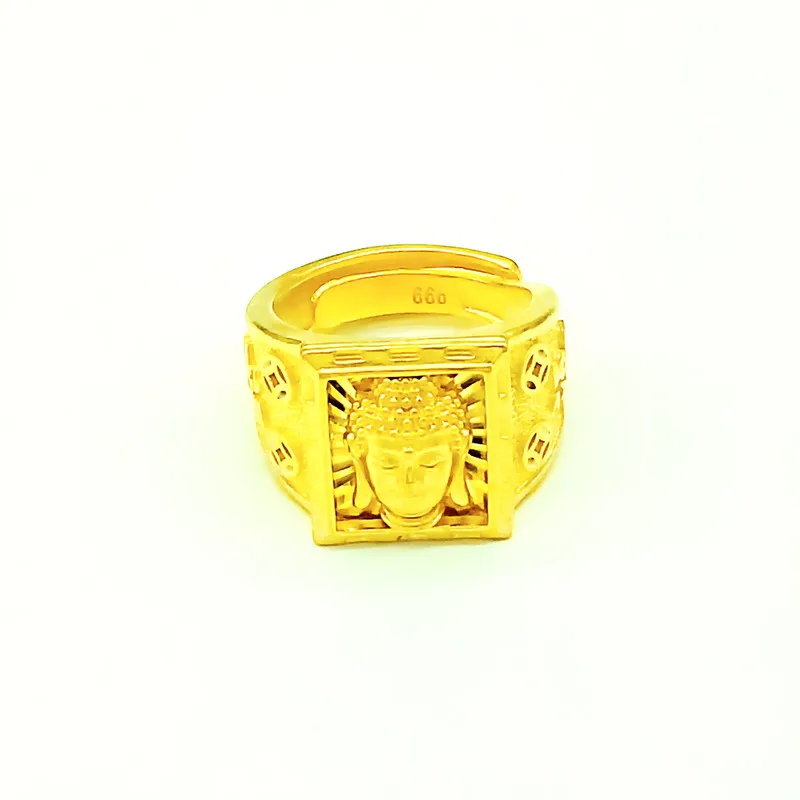 100% Real 18K Gold Color Rings for Men Father Brother Buddha Head Religion Finger Rings Not Fade Fine Jewelry Gifts