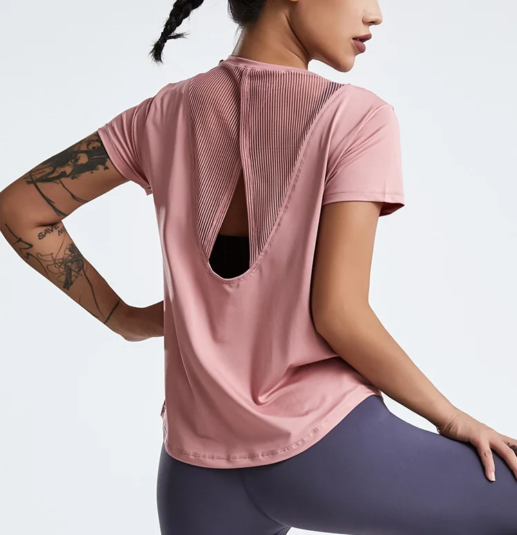 Ropa de Yoga suelta para mujer, Tops de manga corta para correr, ropa de secado rápido, camisetas cortas deportivas, ropa de Fitness hueca, blusas