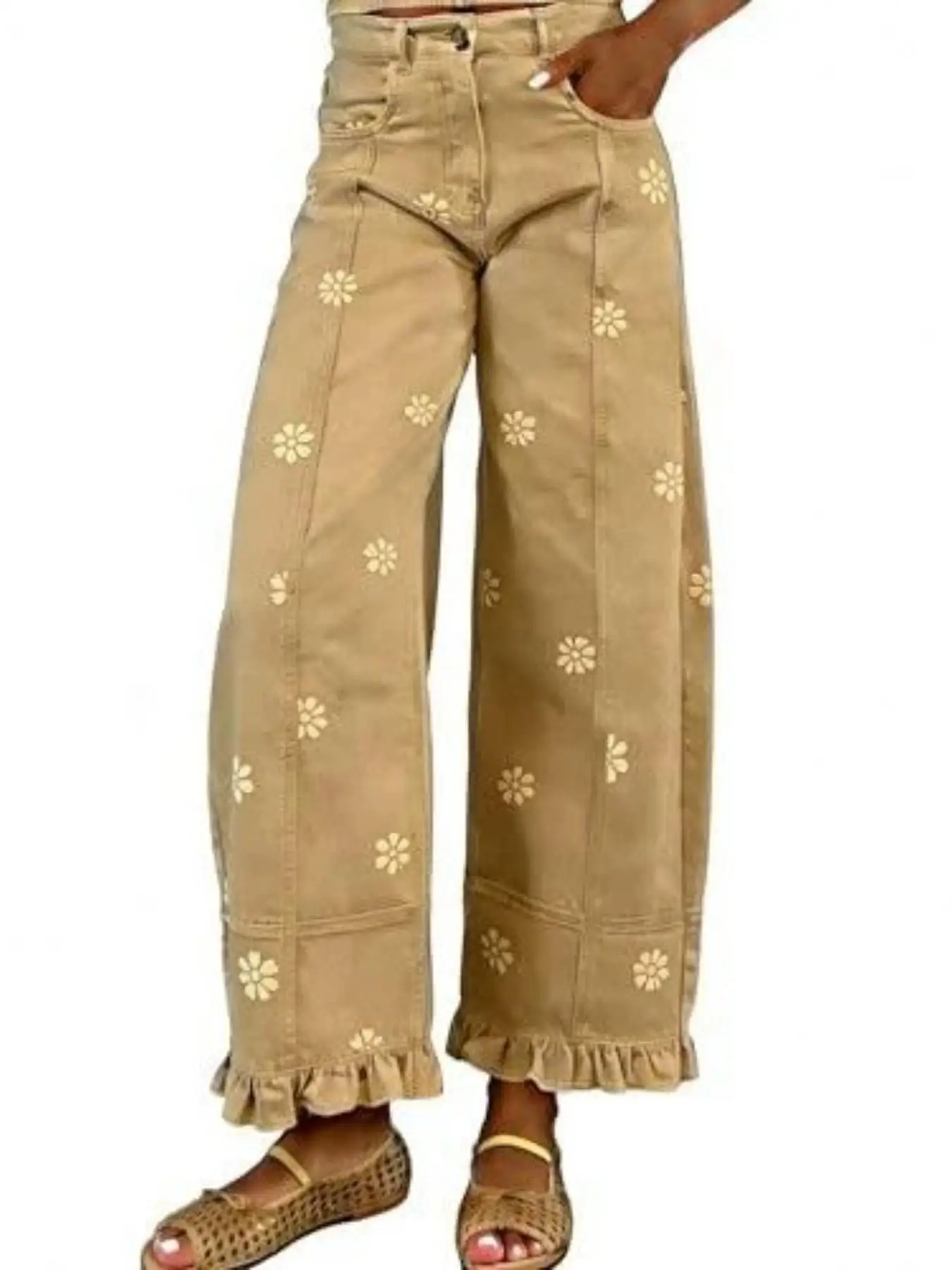 Vintage Jeans mit Gänseblümchenmuster für Damen, hohe Taille, floraler Saum, locker geschnittene, abgenutzte, lässige lange Hose, Retro-Unifarben-Design. – Detail 3