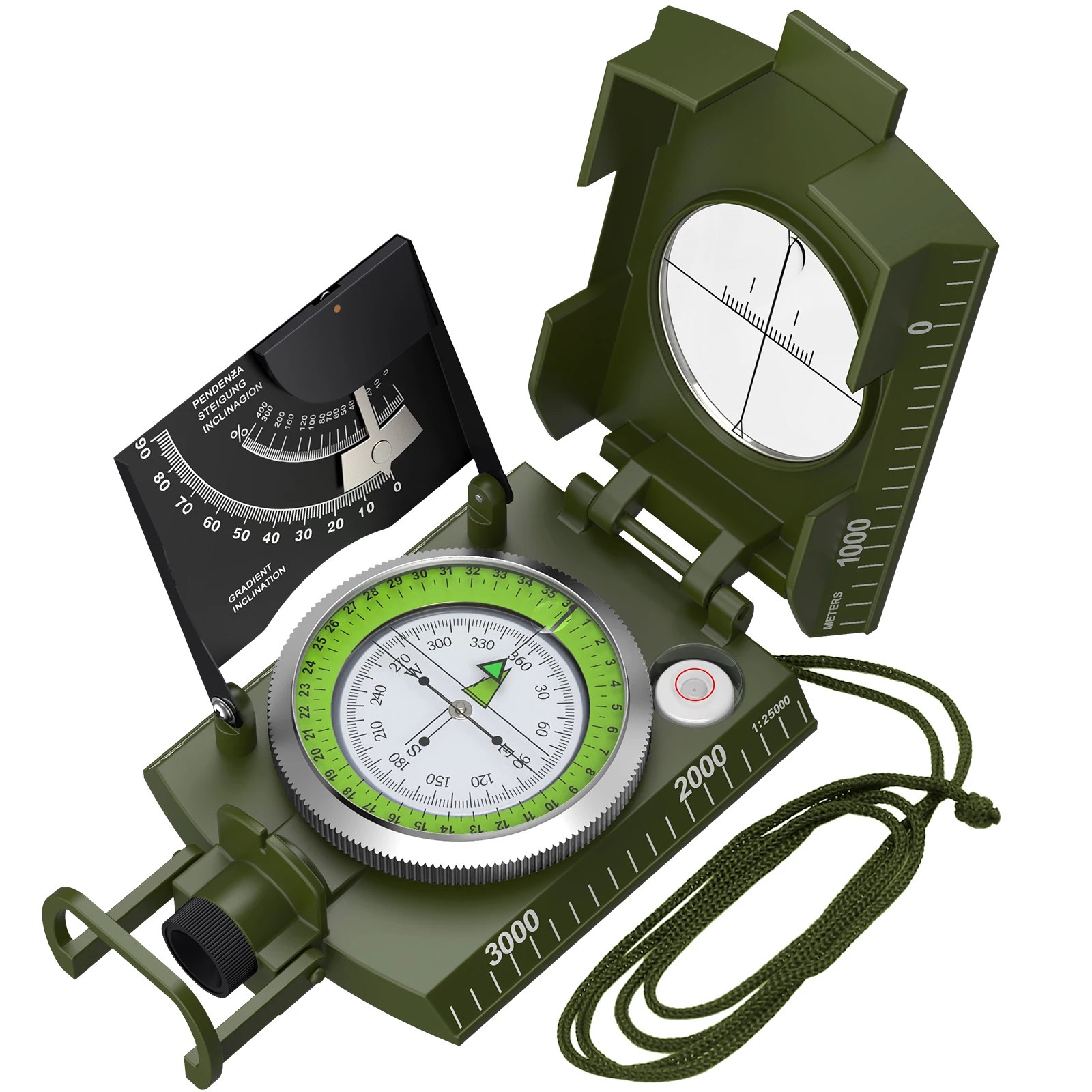 Professional Compass Metal Waterproof IP65 Compass Sighting Clinometer Flourescent Light with Carry Bag for Outdoor Activities