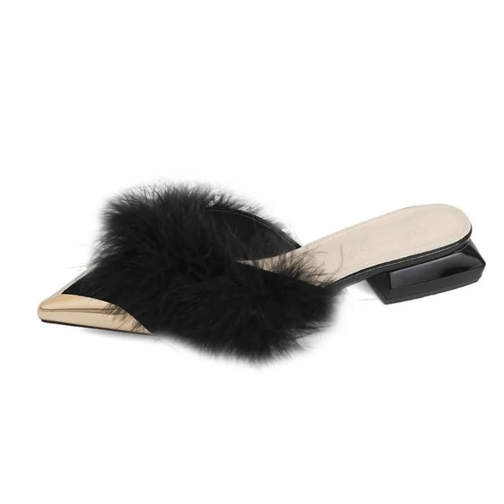 

Autumn/Winter Women's Fur Slippers Pointed Toe Design Fashionable Low Heels Elegant and Comfortable Women's Half Slippers