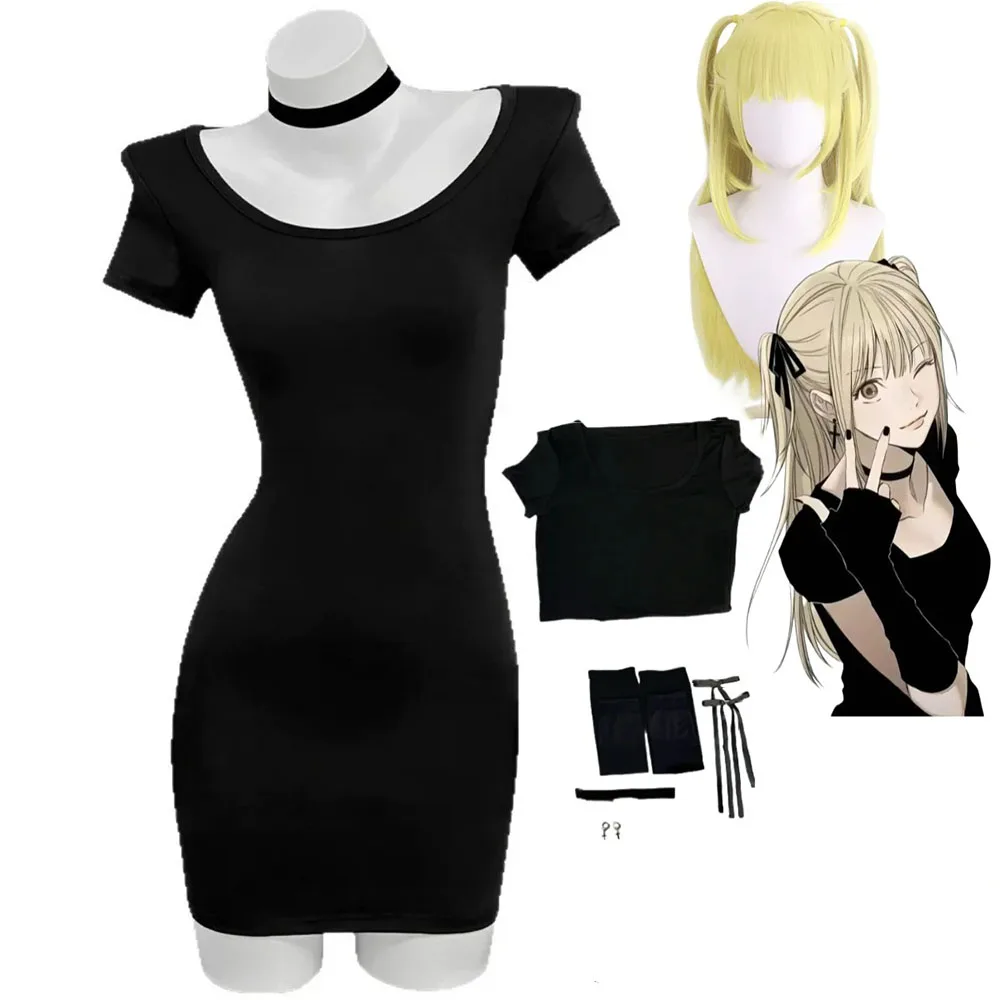 Disfraz de Anime Death Note MisaMisa, vestido ajustado, peluca negra de manga corta, traje de Carnaval de ocio Sexy para mujer adulta