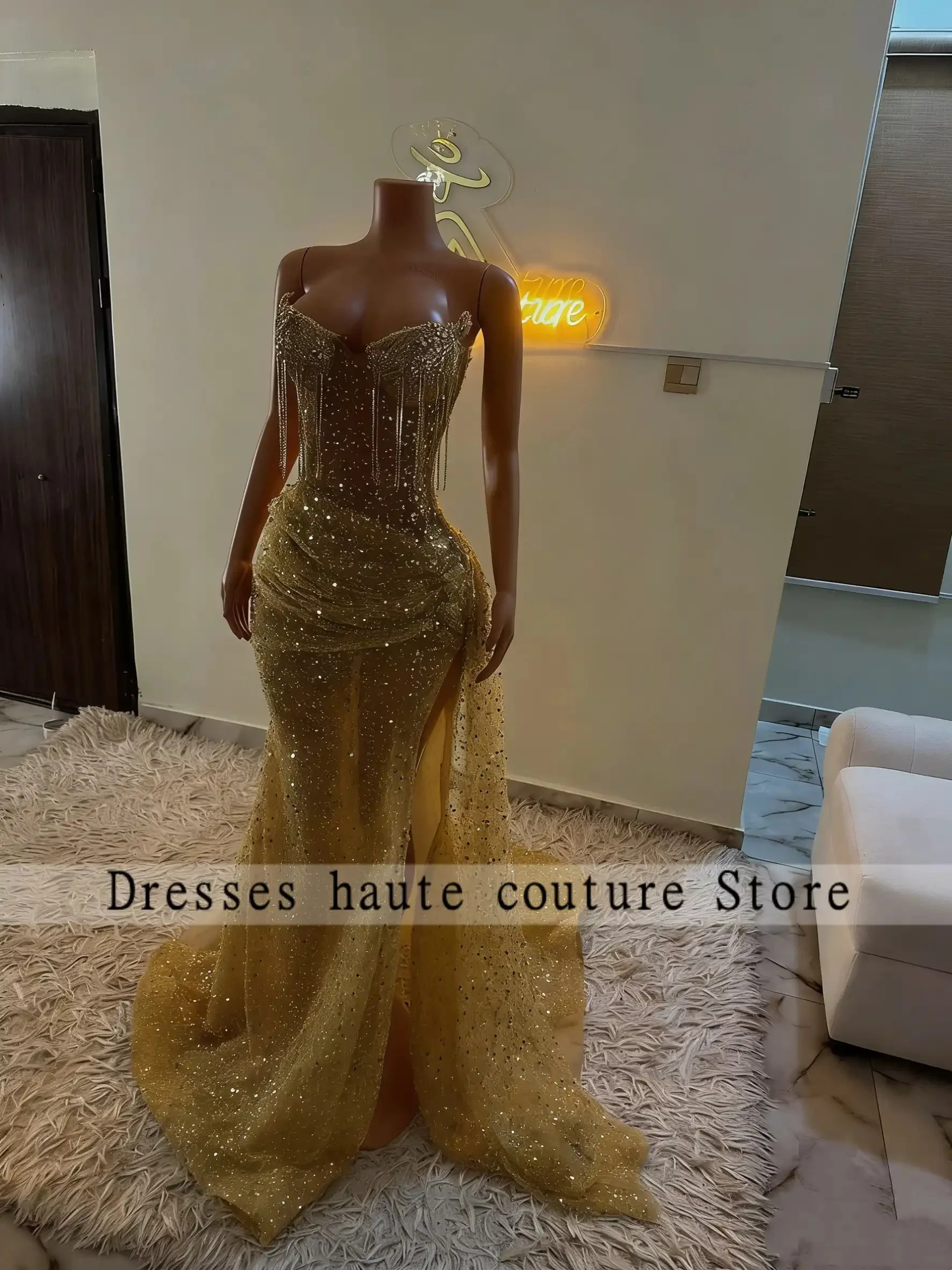 New Shiny Gold Sequins Mermaid Prom Dress For African Black Girls 2026 Tassel Formal Party Gowns Evening Dresses Customized