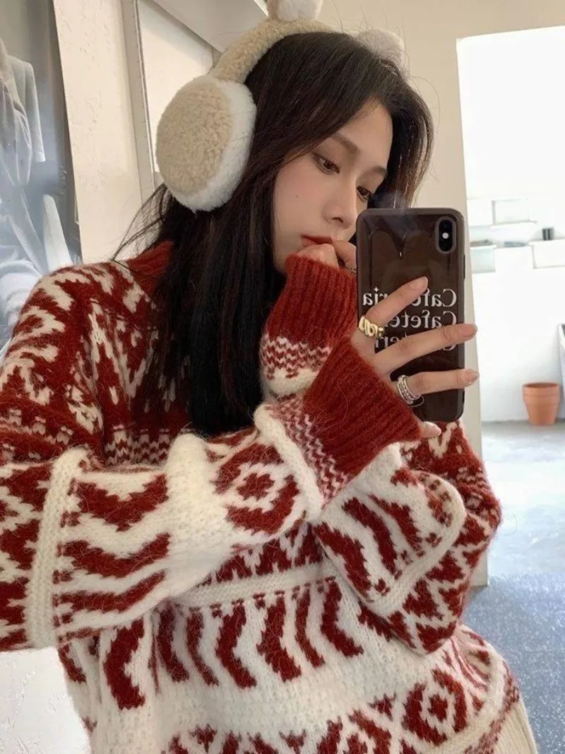 Vintage Print Christmas Style Red Pullovers Women O-Neck Sweet Casual Knitted Tops New Year Sweaters Y2k Sueter Mujer American