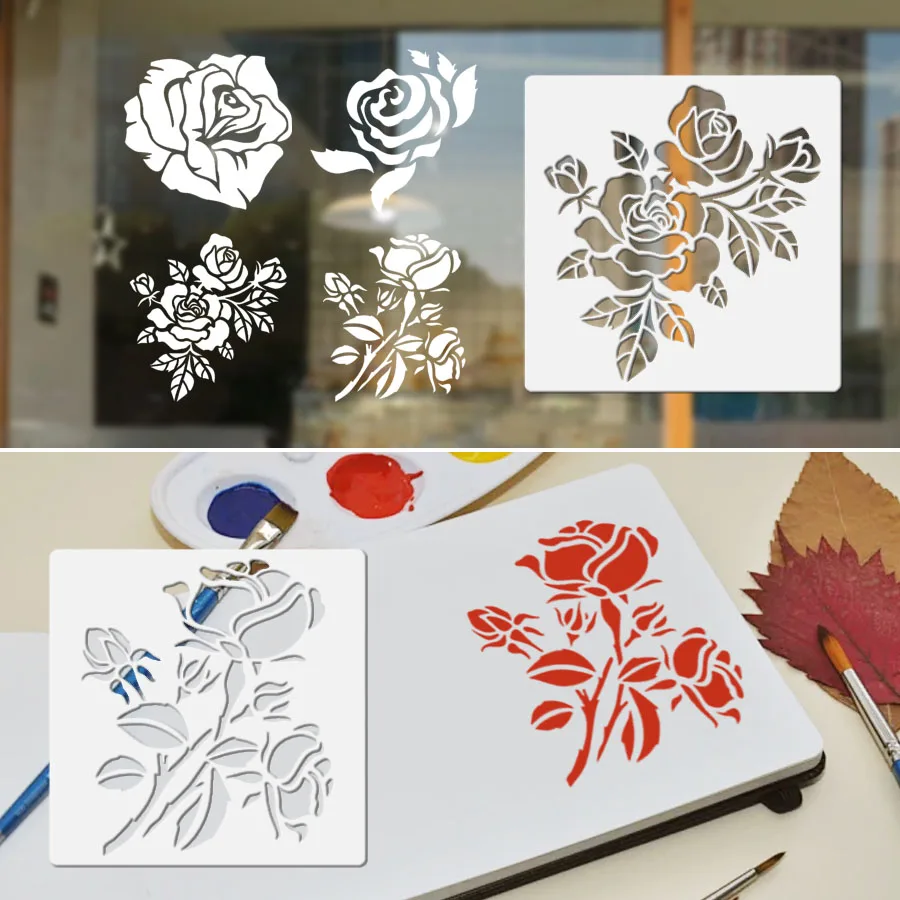 مجموعة استنسل زهرة الورد - قوالب رسم PET قابلة لإعادة الاستخدام للديكور DIY (4 قطع)