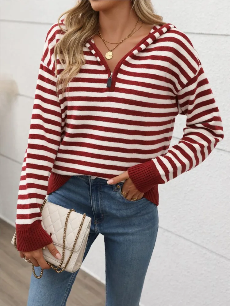 

Winter Clothes Woman Pulls Femmes Casual Commuting Retro Striped Half-Zip Hooded Sweater All-match Loose Simple Style Pullover