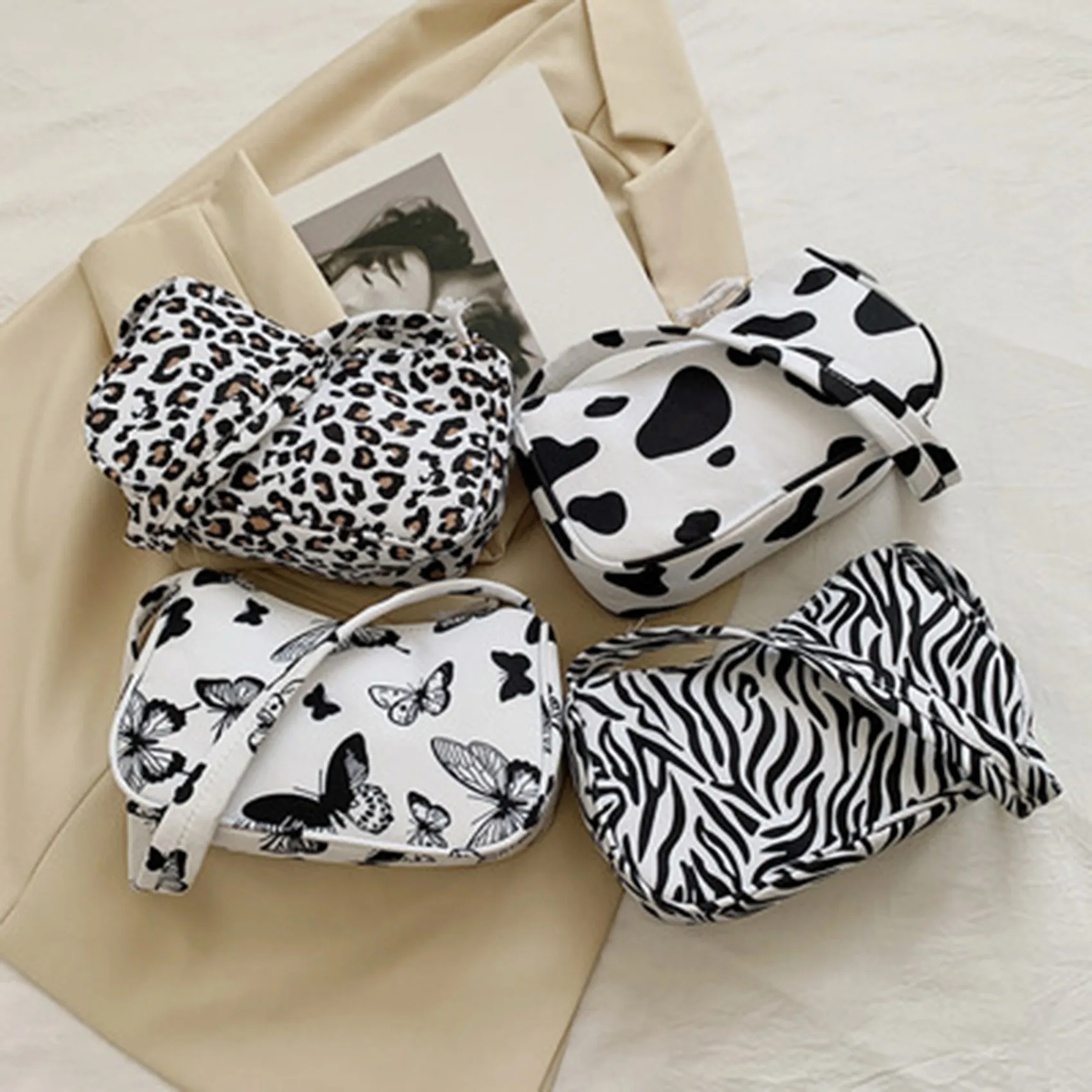 

1PC Women Shoulder Bag Fashion Animal Pattern Print Bag Casual Butterfly Leopard Zebra Cow Print Women Handbag Underarm Bags