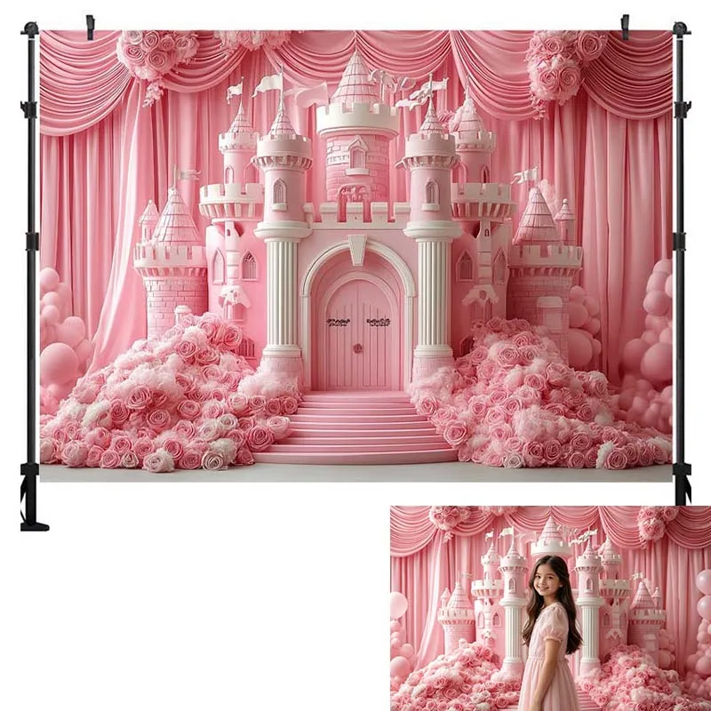 LS Photography Backdrop Pink Balloon Fairy Tale Castle Decoration Girl Princess Birthday Party Background For Photographs view 4