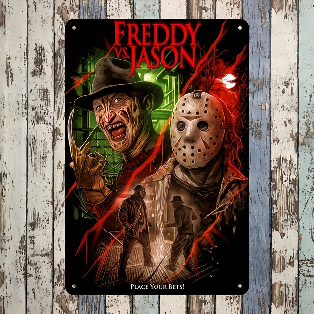 مقابل علامة Jason Vintage Metal Tin - es، ملصق فيلم من الألومنيوم للمسرح المنزلي أو البار أو ديكور الدن، فن ذو طابع رعب مع