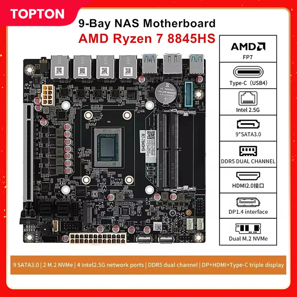 9-Bay NAS Motherboard AMD Ryzen 7 8845HS USB4 4xi226-V 2.5G LAN 9xSATA3.0 2xM.2 NVMe PCIE X16 2xDDR5 Mini ITX Firewall Mainboard