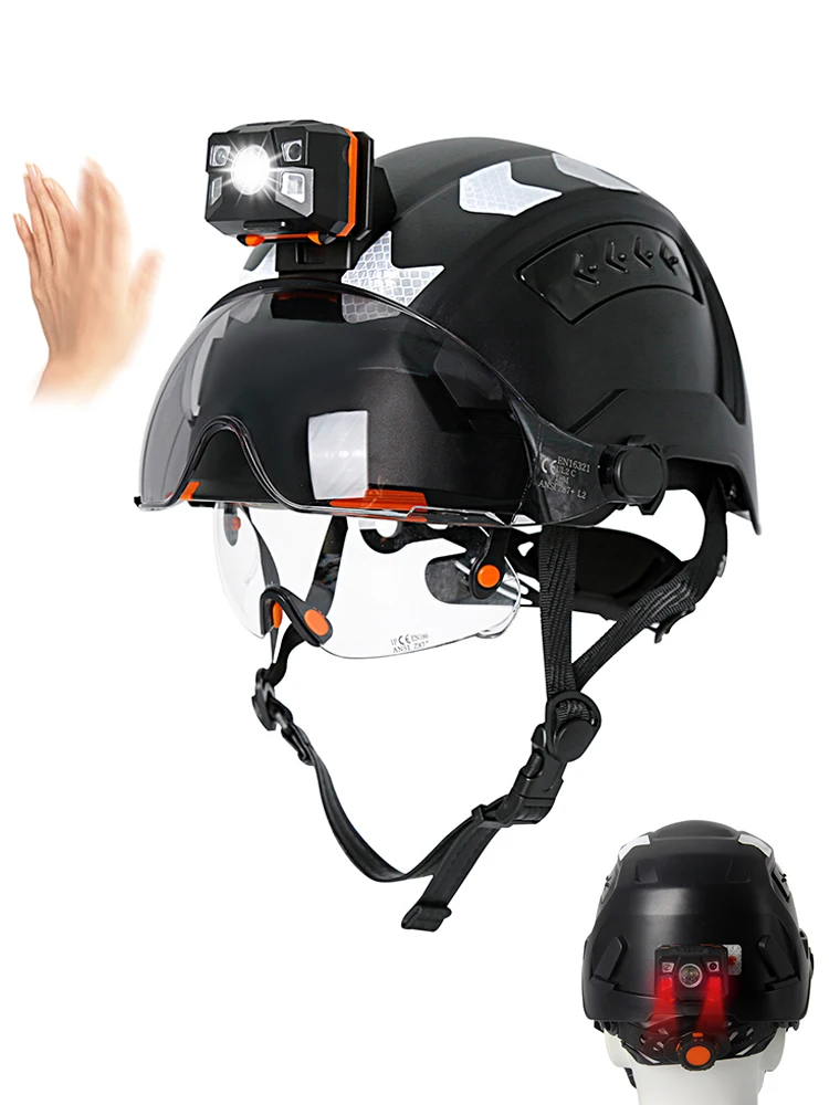 Kask budowlany CE z lampą czołową, podwójnymi goglami, naklejkami odblaskowymi, kask ochronny ANSI, ochrona głowy do pracy przemysłowej. — 2