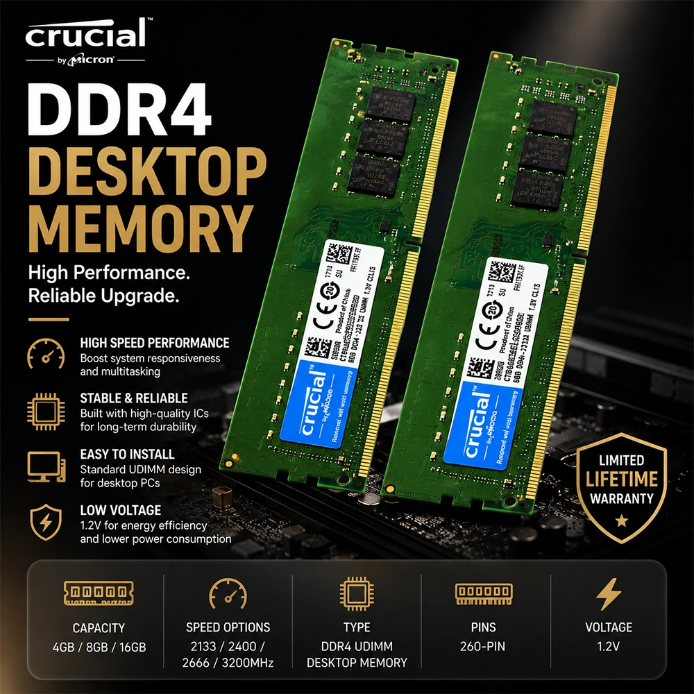 

Оперативная память Crucial PC4 DDR4 4GB 8GB 16GB 2133/2400/2666/3200MHz UDIMM 288Pin для компьютерных игр