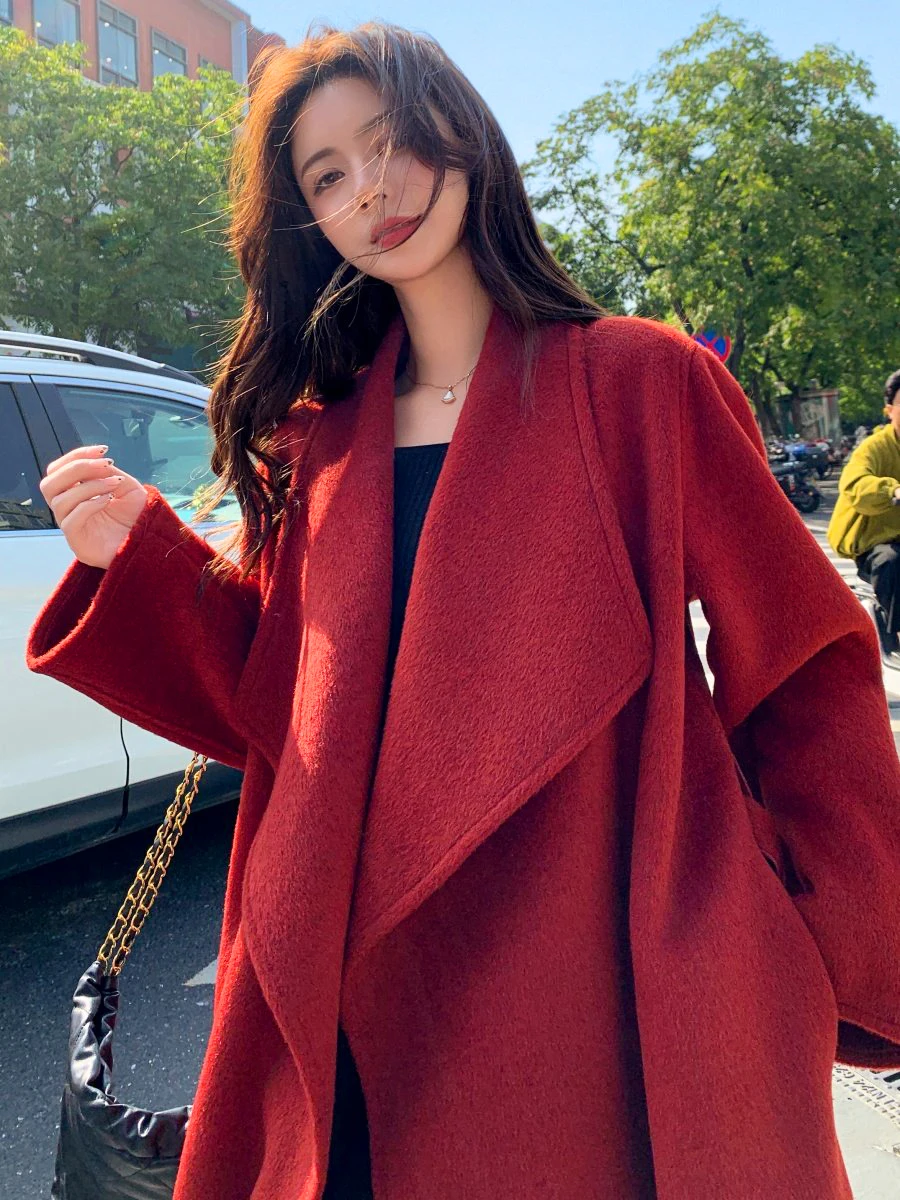 

Double-Sided Camere Woolen Coat Women's Winter New Year Festive Red High-End Feel Large Collar Korean Sle Long Sve