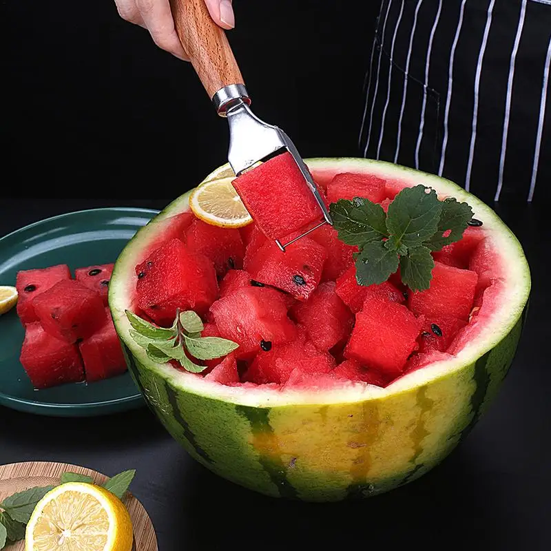 Cortador de molino de viento de sandía con 5 tenedor, herramientas de corte de fruta de grado alimenticio con mango de madera, rebanador de fruta