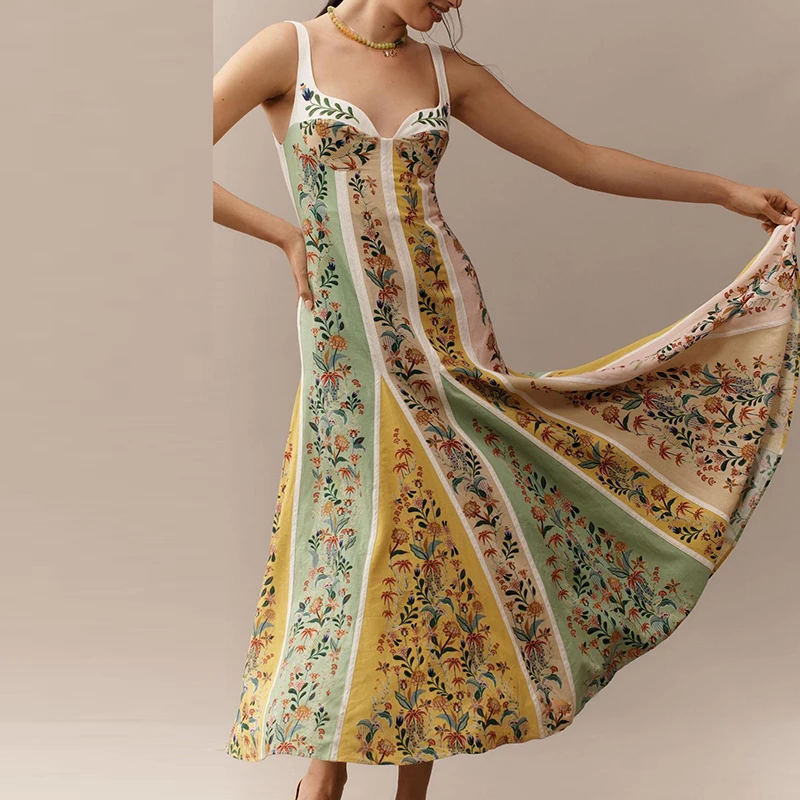 Zomer Vrouwen Diepe V-hals Band Mode Print Lente Zomer Een Lijn Lange Jurk Vrouwen Mouwloze Strand Vakantie Jurken Boho