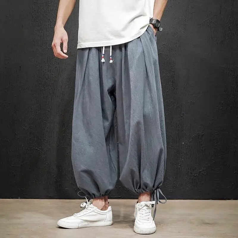 Drawstring Cuffs Men Pants Spring Summer Linen Trousers Male Casual High Street Y2K Chic Patalon Japan Harajuku Style Moto Biker