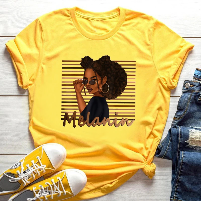 

2026 Cool Melanin Tshirt Women Short Sleeve Top Yellow Femme T-Shirt Black Girl Magic Print Loose Female Clothes Y2k Casual Tee