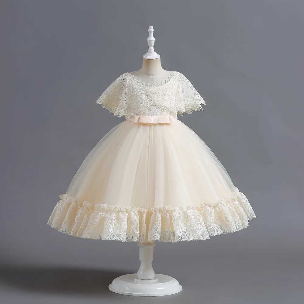 

Kid Girl Princess Dress with Lace Cape and Tulle Skirt Children Formal Gown for Wedding Party Performance Ceremony Outfit