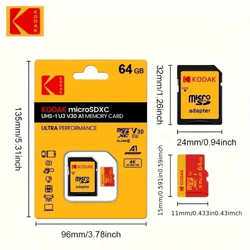 Imagen 2 del producto Tarjeta de memoria Kodak Micro SDCC/SDHC 32GB-256GB nivel UHS-I V30, adecuada para teléfonos inteligentes, tabletas y cámaras deportivas