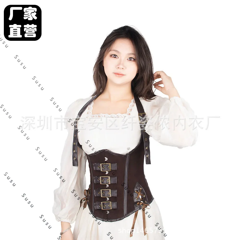 مشدات المحكمة الأوروبية والأمريكية، أشرطة كتف نسائية معلقة على الرقبة من جلد البولي يوريثان، ختم الخصر على شكل عظمة فولاذية، كور الخصر