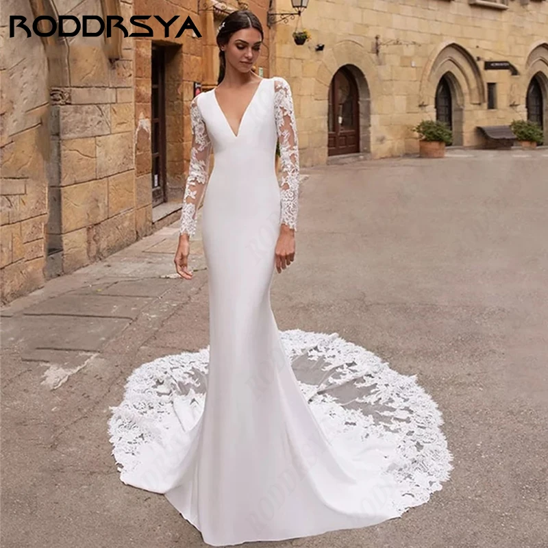 RODDRSYA Sexy V-Neck Lace Mermaid Wedding Dresses For Women Soft Satin Bride Party Fascinating Long Sleeve Vestido Novia Boda