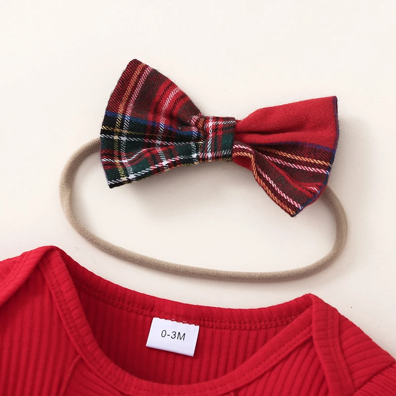 Completo natalizio per bambini con abito in velluto rosso, collant bianchi e fascia con fiocco scintillante per look natalizio da bambina