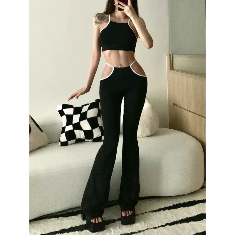 Korean Sexy Side Hollow Low Waist Pants Tops Set Punk Design Slim Trousers America Casual Women Camisole Flared Pants Streetwear