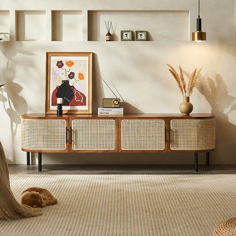 

Creative ash wood TV cabinet Nordic rattan locker Small apartment wall cabinet