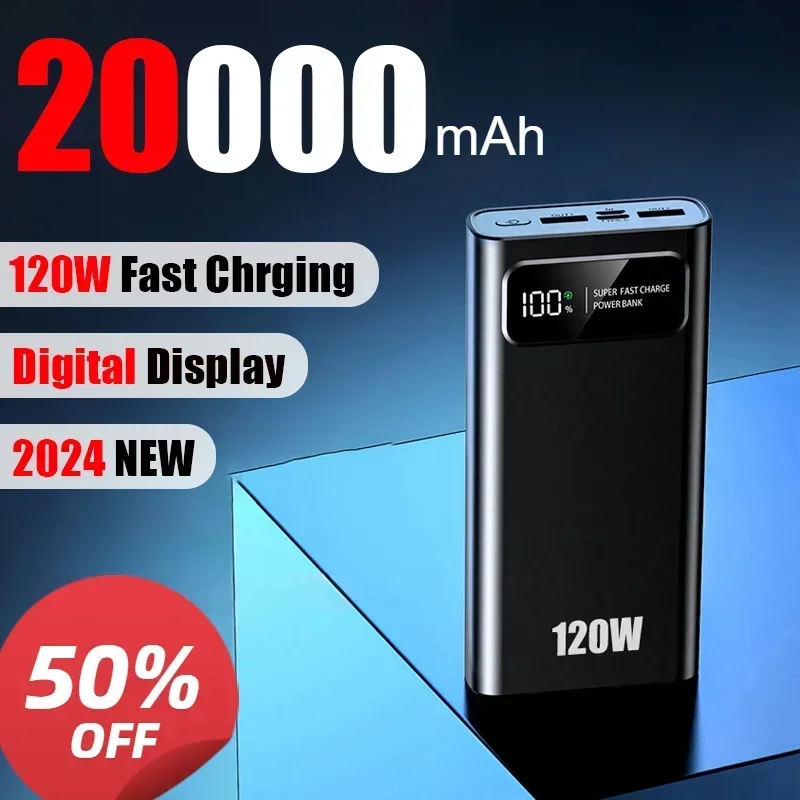 Блок питания для мобильных телефонов, 20000 мАч, 120 Вт, тонкий, быстрая зарядка, высокая емкость, цифровой дисплей, подходит для многих мобильных телефонов